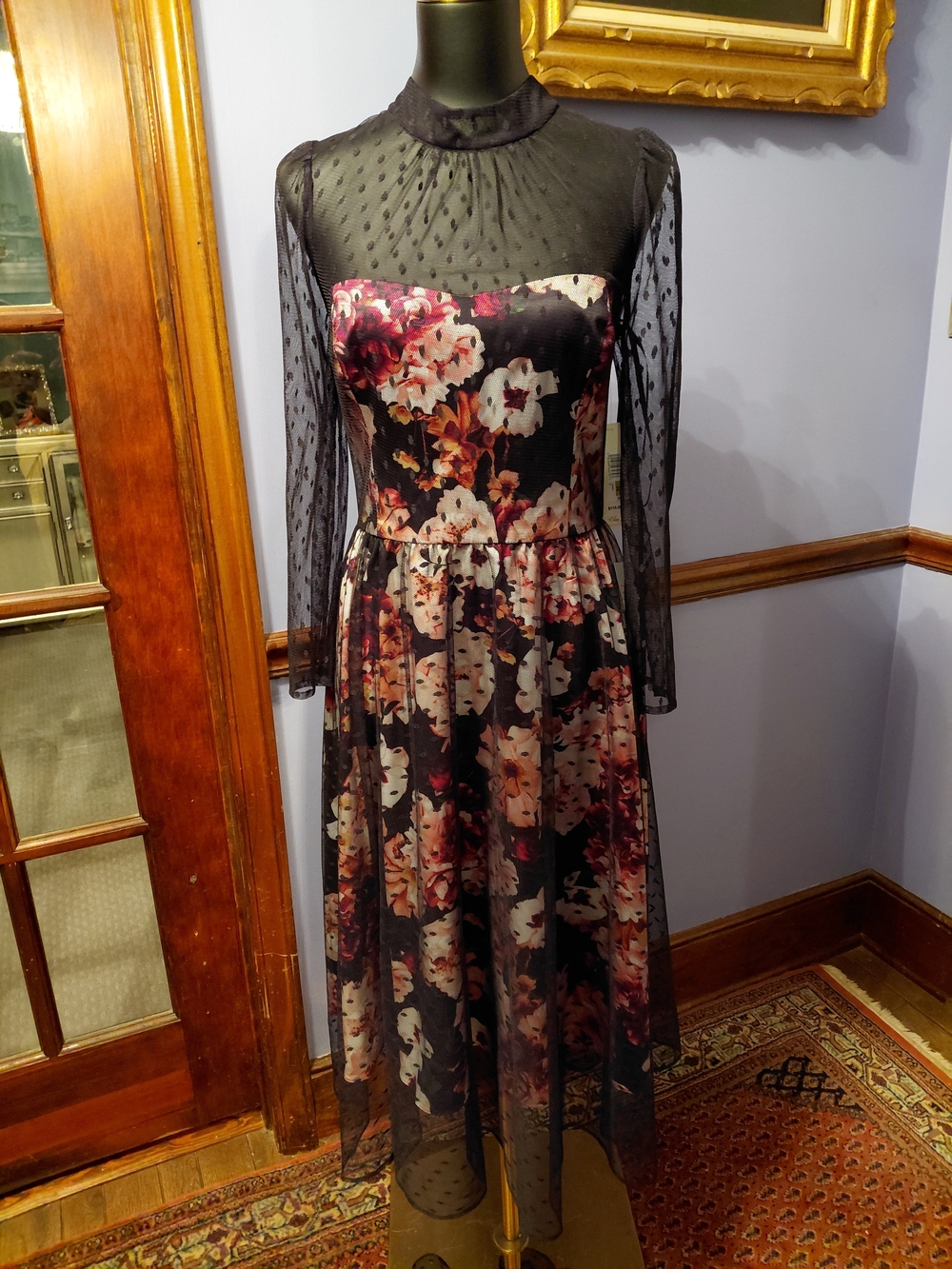 Eliza J Black Floral Midi Dress with Sheer Dot Sleeves